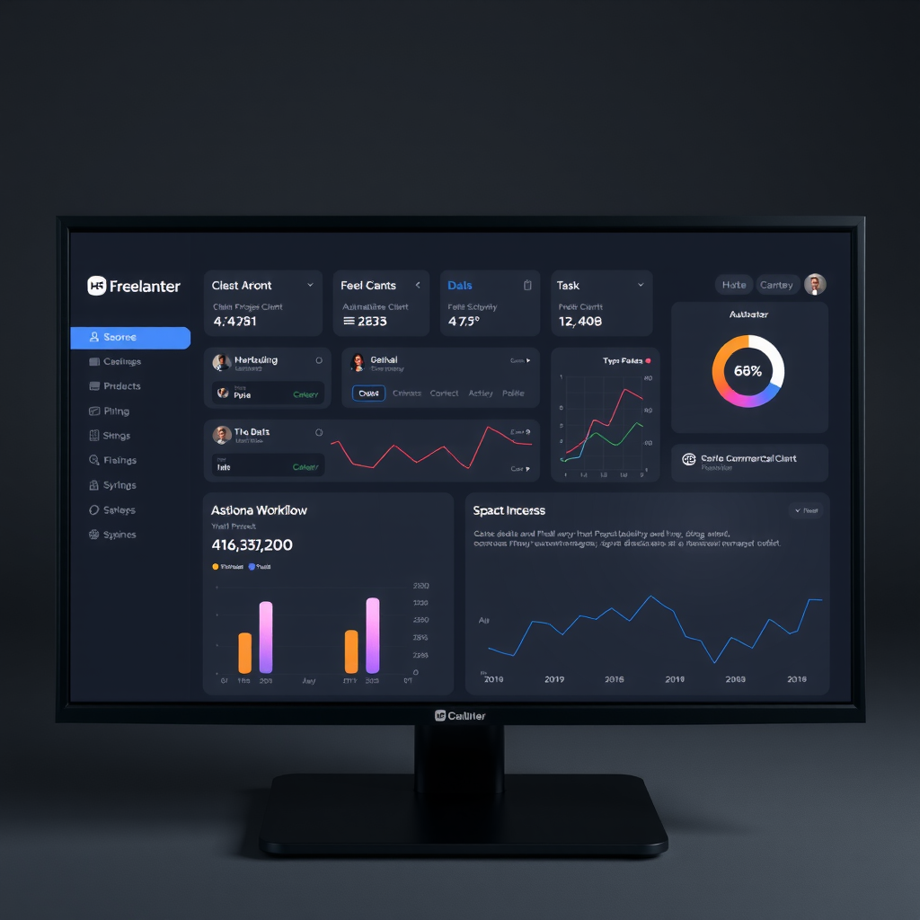 Modern freelancer dashboard interface showing automated workflow management system with client projects, task automation, and productivity analytics on a sleek dark-themed screen