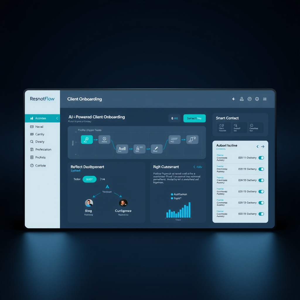Modern dashboard interface displaying RemoteFlow Systems' AI-powered client onboarding feature with automated workflow visualization, smart contract generation tools, and intelligent questionnaire system highlighted with electric teal accents against a sophisticated dark navy background