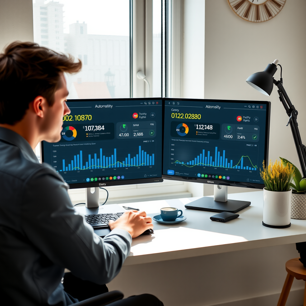 Professional freelancer working at a modern desk with dual monitors displaying workflow automation dashboard and productivity metrics, natural lighting from window, clean minimalist home office environment
