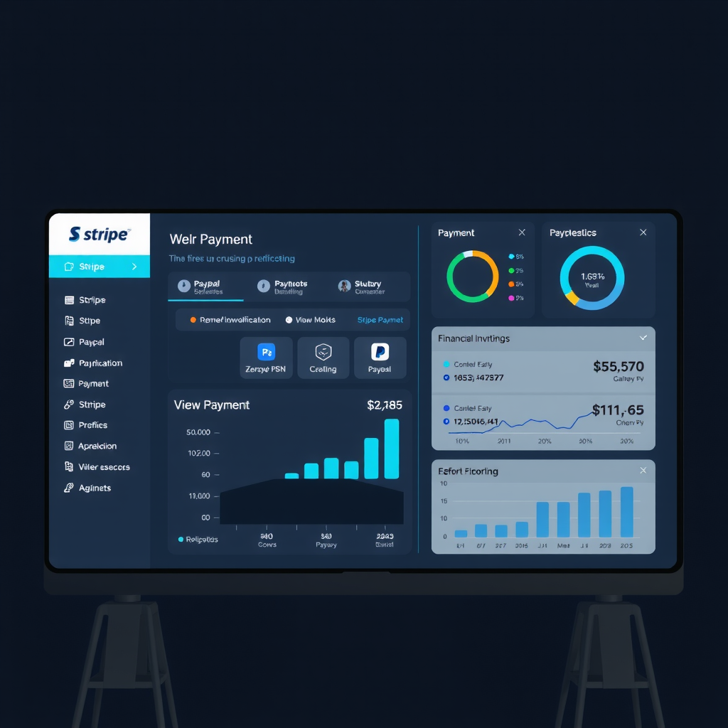 Modern payment processing dashboard showing Stripe and PayPal integration interfaces with RemoteFlow Systems, featuring real-time payment notifications, automated invoicing workflows, and financial reporting charts on a sleek dark interface with teal accent highlights