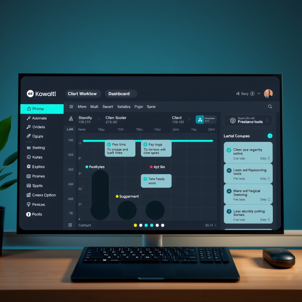 Modern digital workspace showing automated workflow dashboard with task scheduling, client onboarding pipelines, and integration icons for popular freelance tools, displayed on sleek dark interface with teal accent highlights