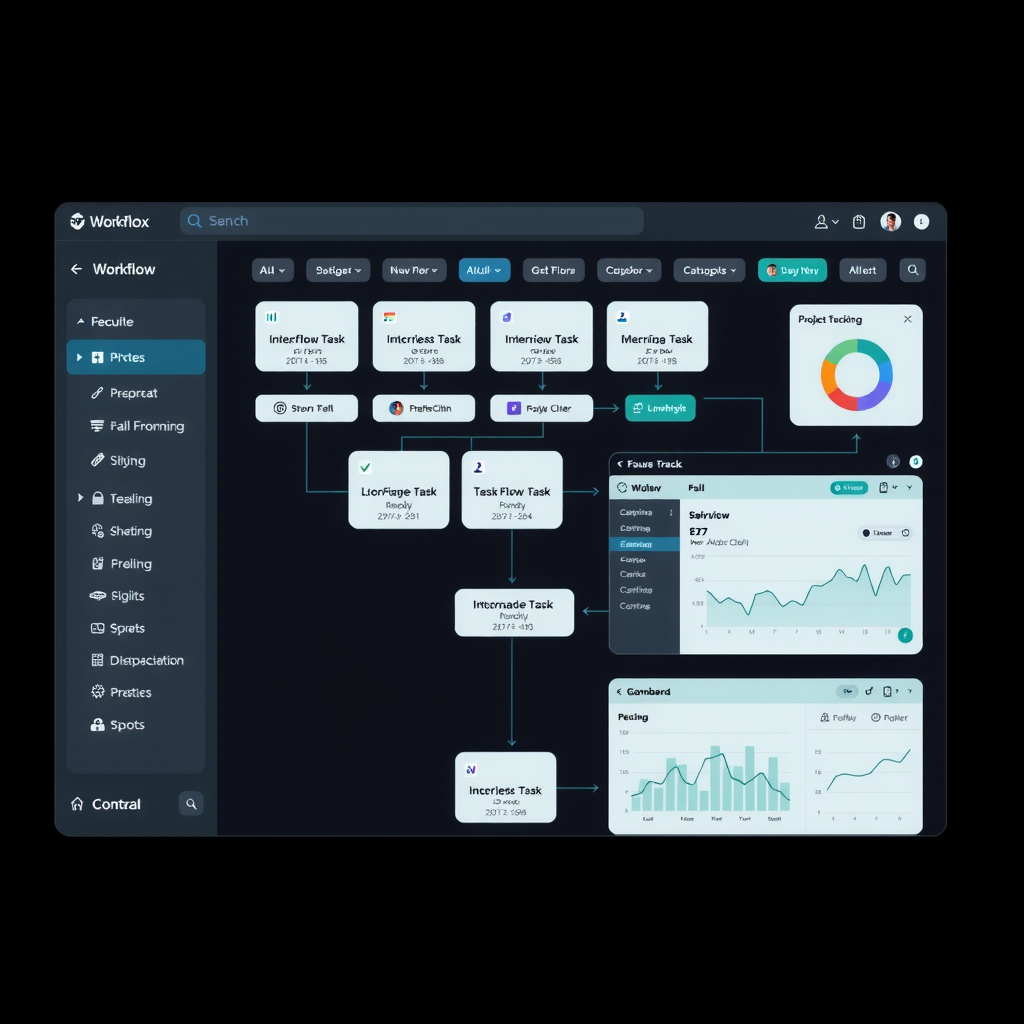 Modern workflow automation dashboard showing automated task flows, client onboarding pipelines, and project tracking interfaces with electric teal accent colors on dark background