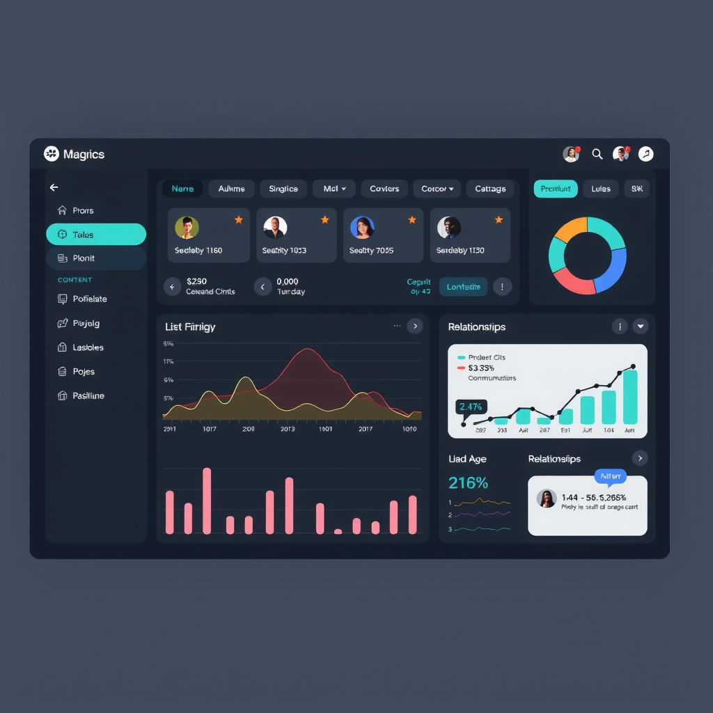 Modern client management dashboard interface showing centralized client communications, project timelines, and relationship metrics on dark premium interface with teal accents