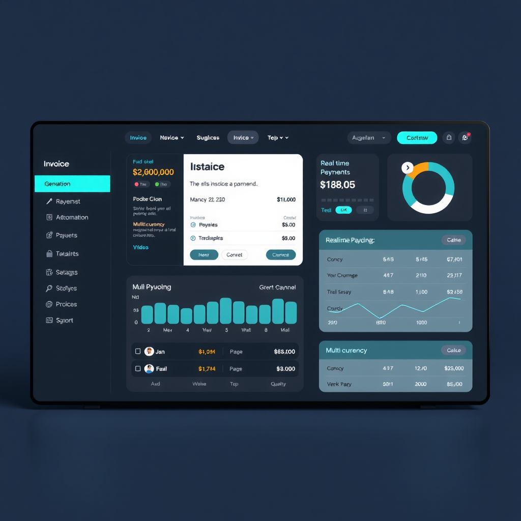 Modern invoicing dashboard interface showing automated invoice generation with multiple payment channels, real-time payment tracking graphs, and multi-currency support features displayed on a sleek dark interface with teal accent highlights