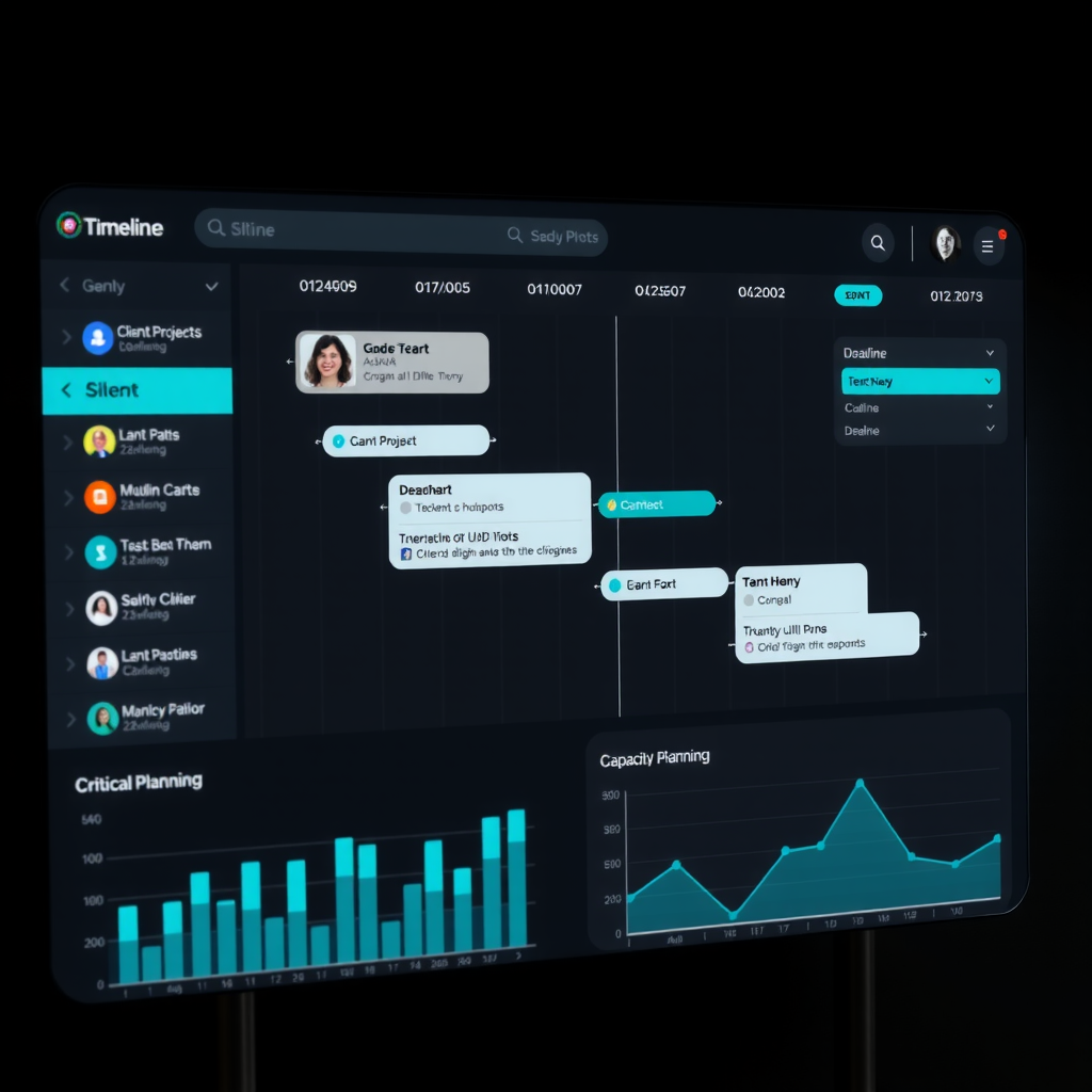 Modern dashboard interface showing project timeline visualization with multiple client projects displayed on a dark background, featuring interactive Gantt charts, milestone markers, deadline indicators, and capacity planning graphs with teal accent colors highlighting critical paths and upcoming deadlines