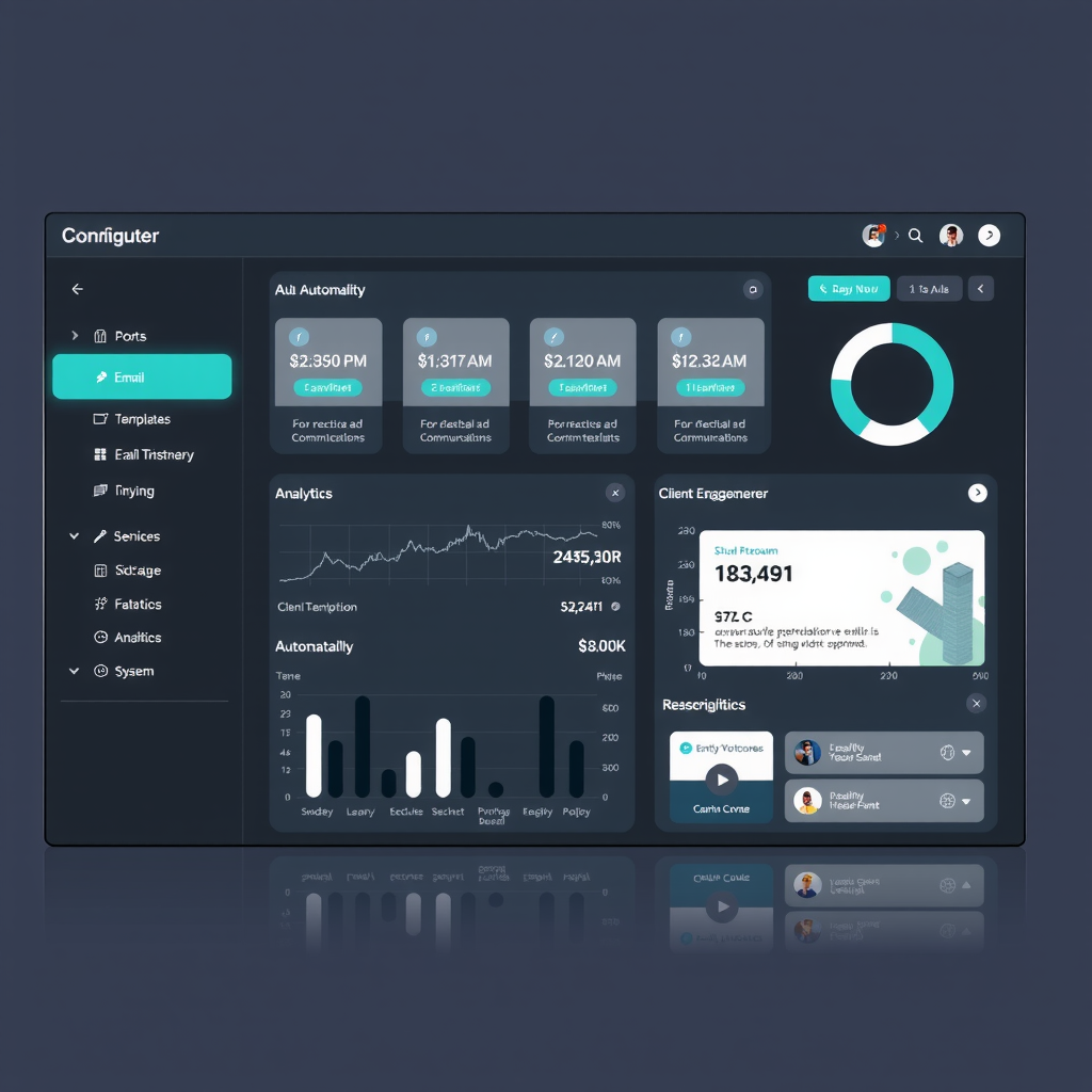 Modern communication automation dashboard showing automated email templates, scheduled messages, and client engagement analytics with a sleek dark interface featuring teal accents and real-time notification system