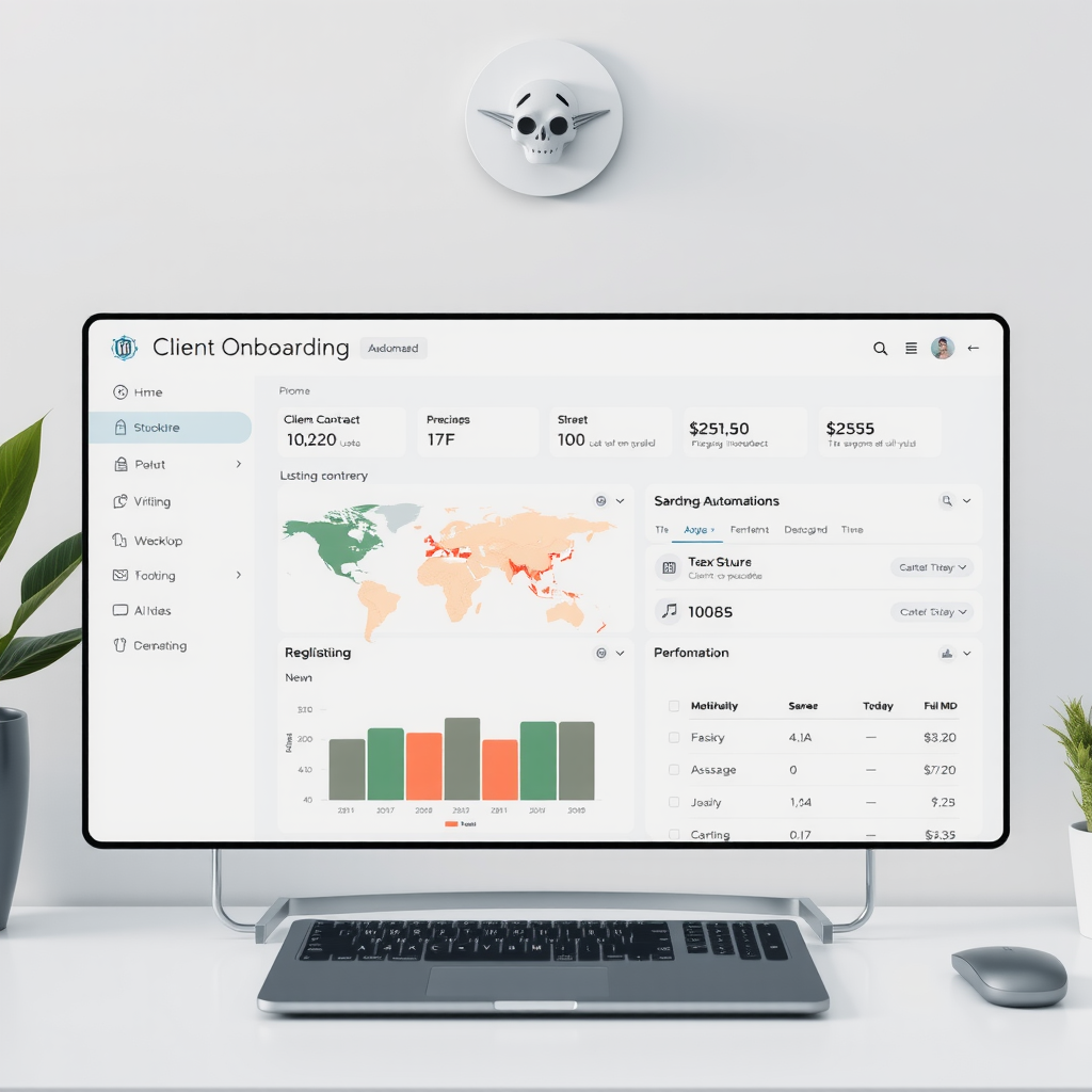 Modern dashboard interface showing AI-powered client onboarding system with automated contract generation, smart questionnaires, and workflow automation tools for freelancers