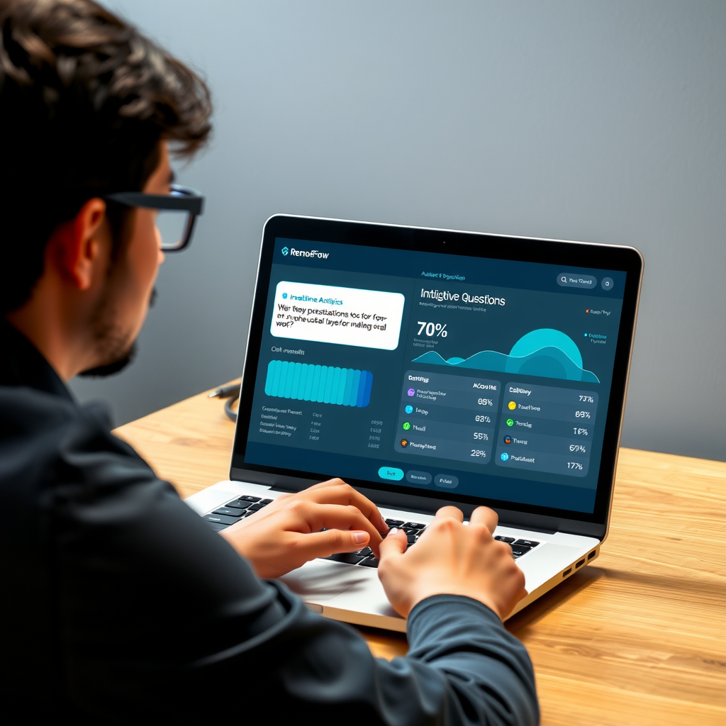 Professional freelancer working on laptop displaying RemoteFlow Systems' intelligent questionnaire interface with adaptive questions flowing on screen, accompanied by real-time analytics dashboard showing 70% time reduction metrics and workflow efficiency indicators with teal highlights