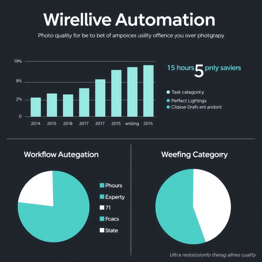 Professional infographic displaying workflow automation statistics with bar charts showing 15 hours weekly savings, pie charts breaking down task categories, modern data visualization with teal and white color scheme on dark background