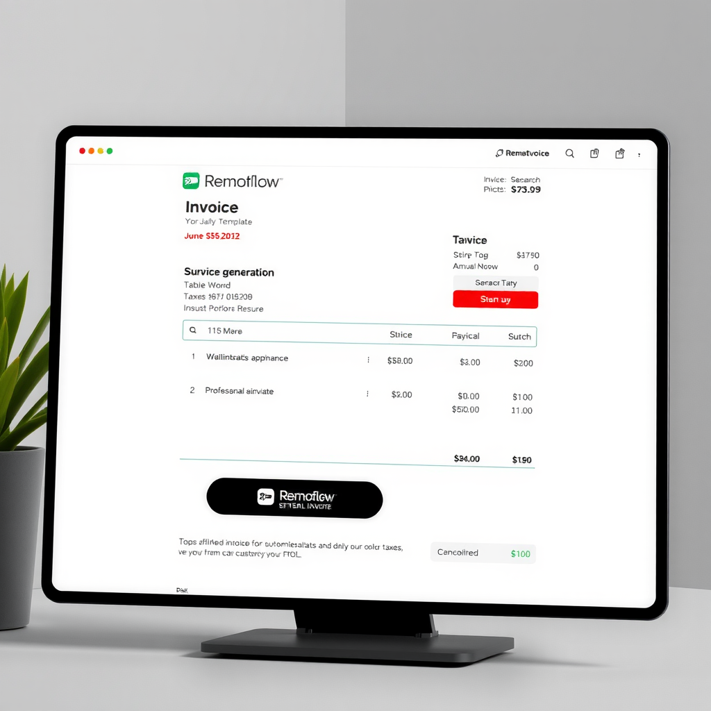 Screenshot of RemoteFlow's automated invoice generation interface showing customizable invoice templates with integrated Stripe and PayPal payment buttons, professional branding options, and automatic calculation of taxes and fees