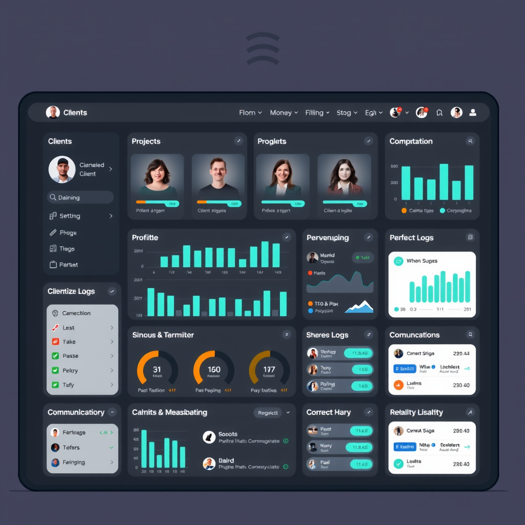 Comprehensive client management dashboard displaying multiple client profiles, project timelines, communication logs, and relationship health scores on a sophisticated dark interface with organized card layouts and teal accent elements