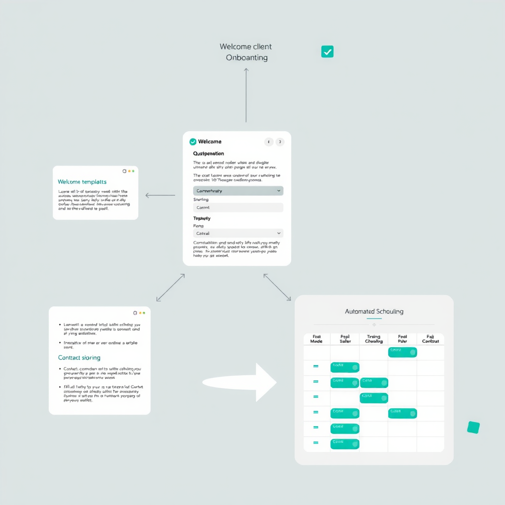 Visual representation of automated client onboarding process showing welcome email templates, questionnaire forms, contract signing interface, and automated scheduling calendar with teal highlights