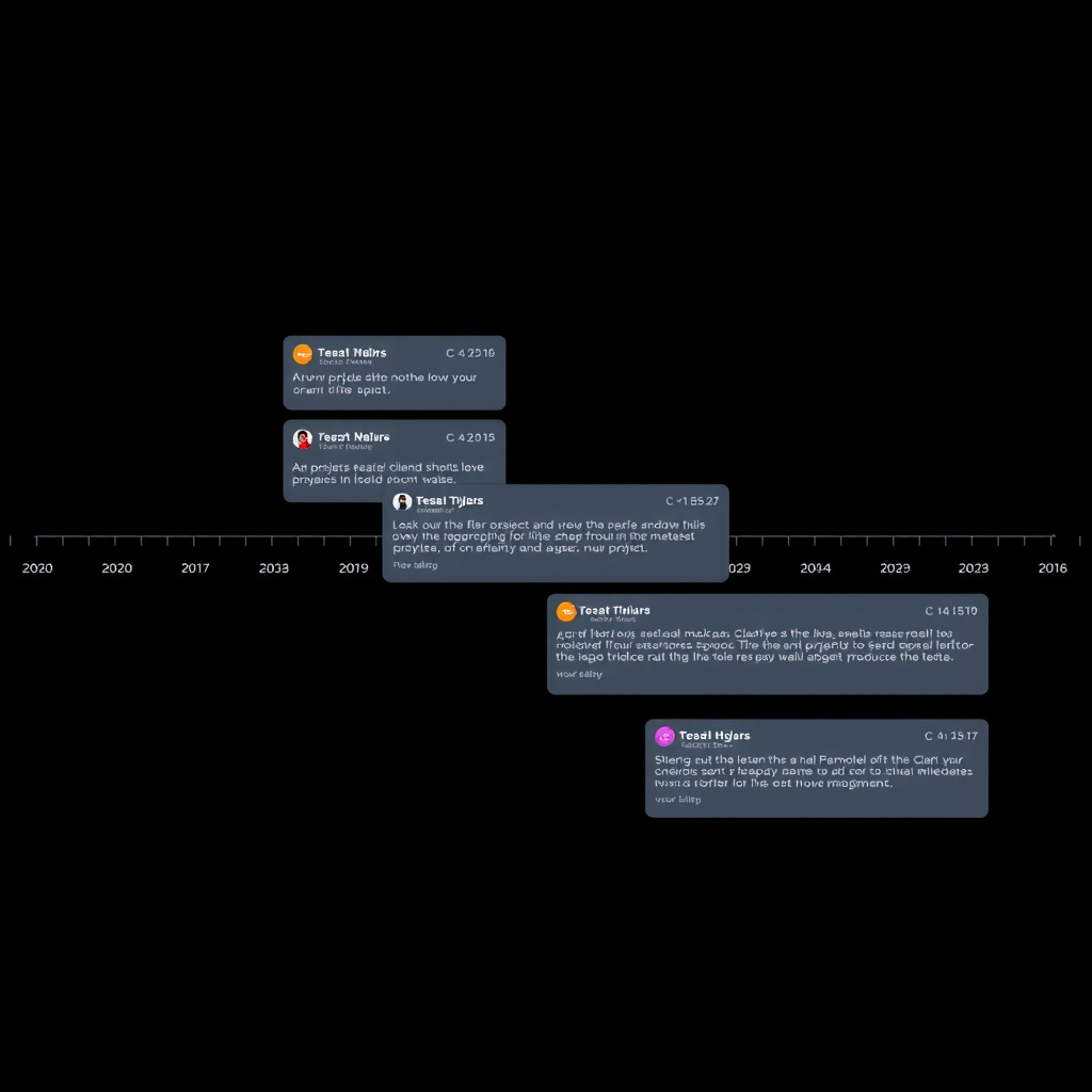 Visual timeline showing multiple overlapping projects for a single client with status indicators, deadlines, and milestone markers on sophisticated dark interface