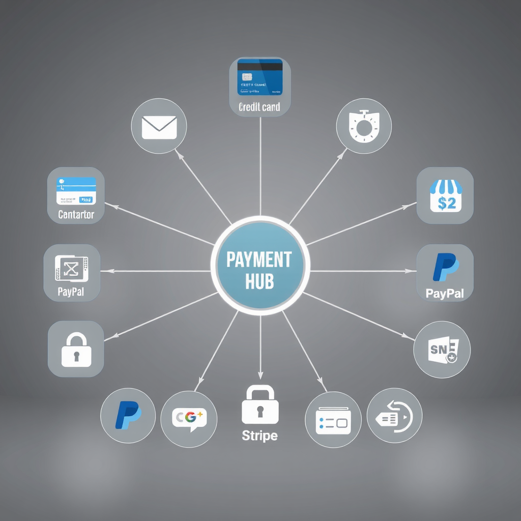 Visual representation of multiple payment channel integrations including credit card processors, bank transfer systems, PayPal, Stripe, and digital wallet options all connected to a central payment hub with secure transaction indicators