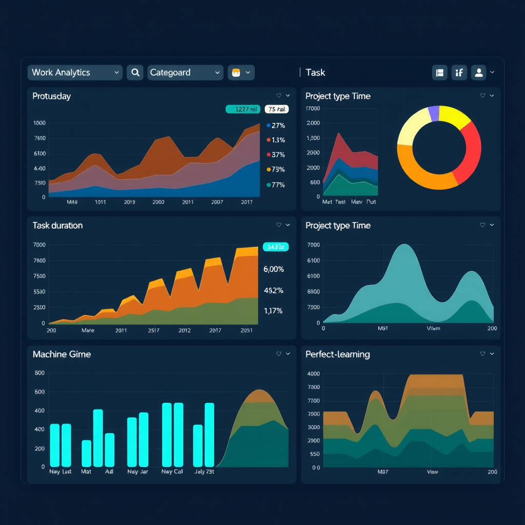 Detailed analytics dashboard displaying work pattern analysis with colorful charts showing productivity trends throughout the day, task duration comparisons between estimated and actual times, project type categorization, and machine learning predictions for future task durations on a dark navy background with teal data visualization elements