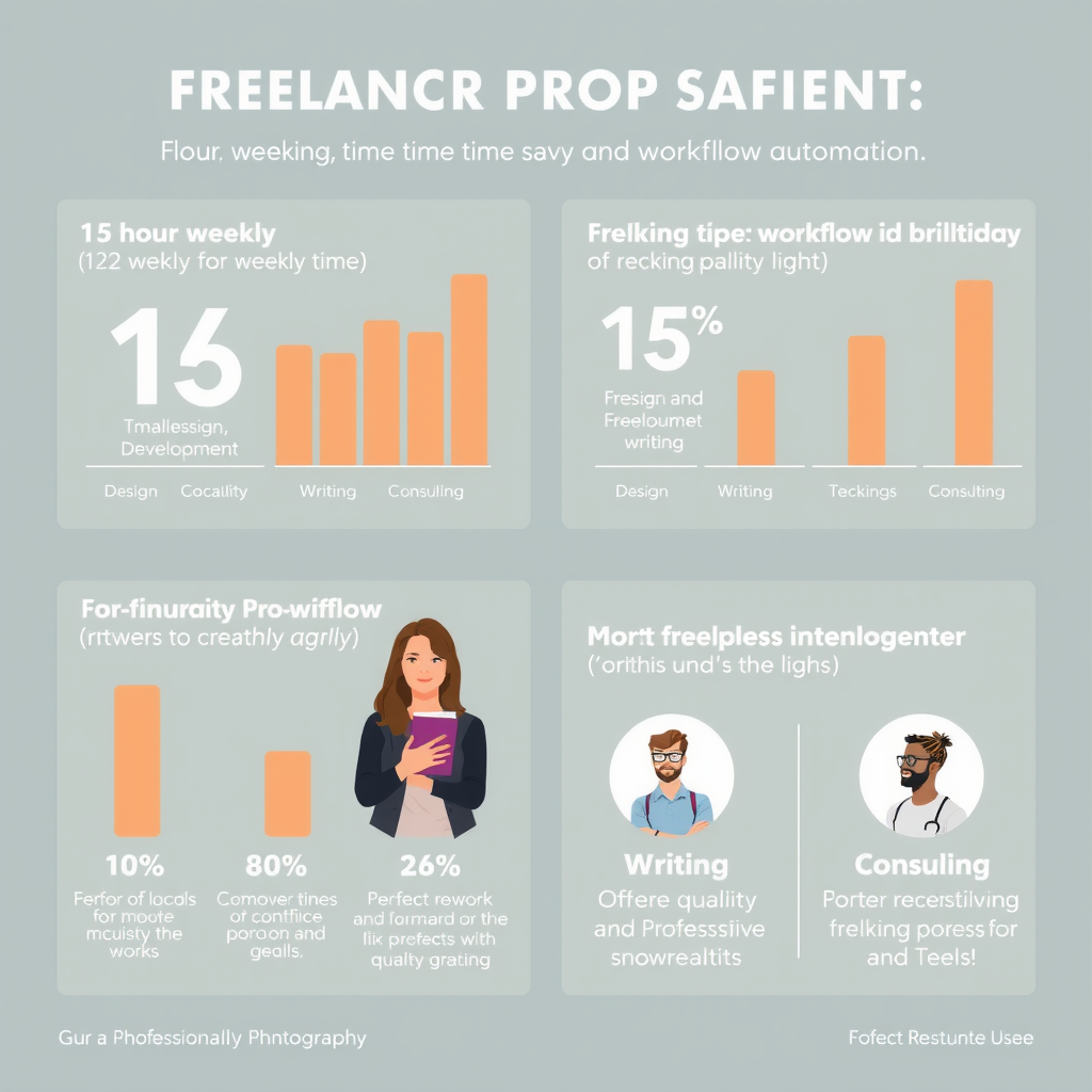 Infographic showing freelancer productivity statistics with charts and graphs displaying 15 hours weekly time savings through workflow automation, featuring diverse freelancers from design, development, writing and consulting sectors