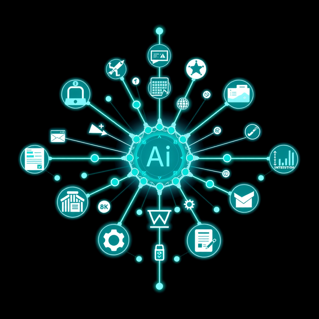 Visual representation of AI neural network connecting various freelance industry icons including design tools, code symbols, writing implements, and consultation graphics, with glowing teal connection lines showing how the system adapts workflows and generates customized onboarding materials for different professional sectors