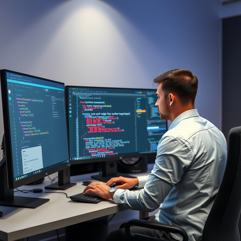 Software developer at workstation with three monitors displaying automated workflow dashboard, code editor with testing results, and project management interface, professional tech workspace with ambient lighting