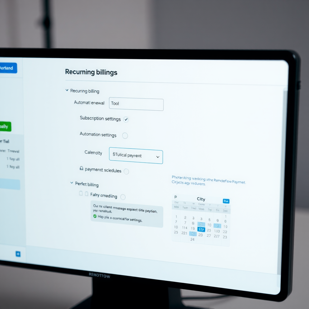 Interface showing recurring billing configuration options in RemoteFlow Systems, displaying subscription management tools, automatic renewal settings, and client payment schedules with visual calendar representation