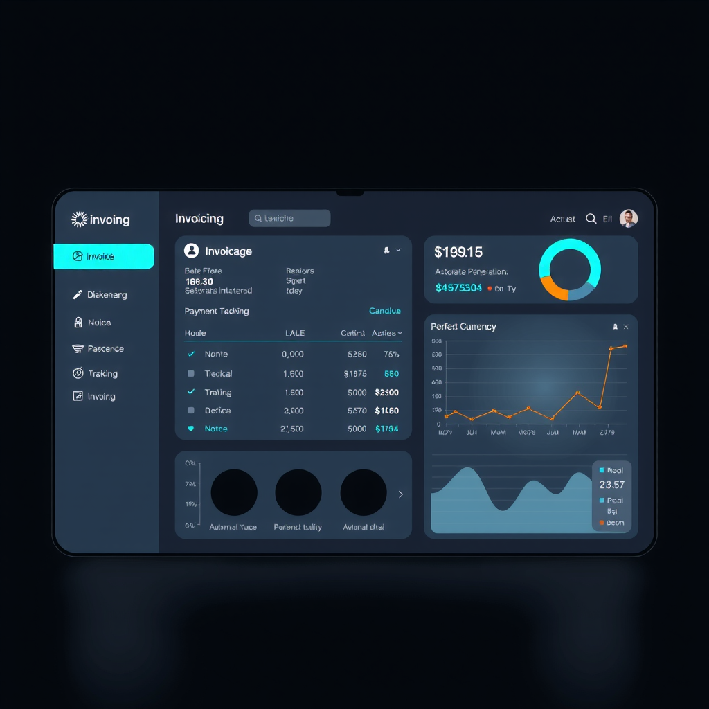 Professional invoicing interface showing automated invoice generation, payment tracking dashboard with multiple currency support, tax calculations, and integration with accounting software, featuring clean dark design with teal highlights and financial charts