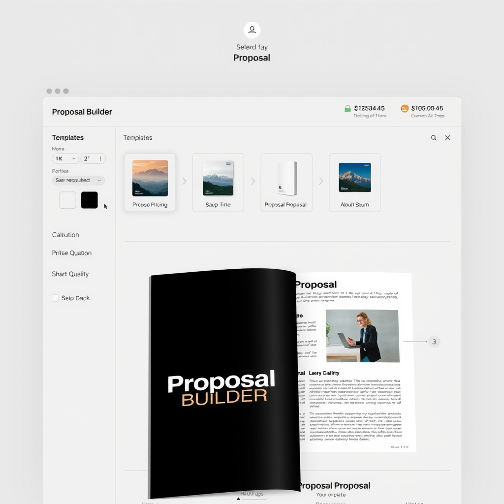 Screenshot of proposal builder interface showing template selection, dynamic pricing calculator, customization options, and preview of professional proposal document with modern dark theme design