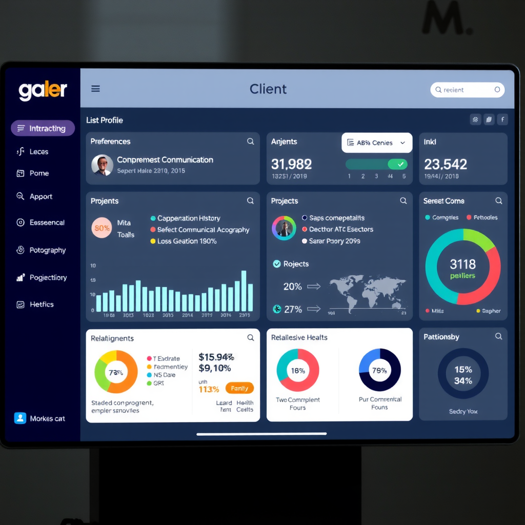 Comprehensive client profile interface displaying preferences, communication history, project statistics, and relationship health metrics with modern data visualization