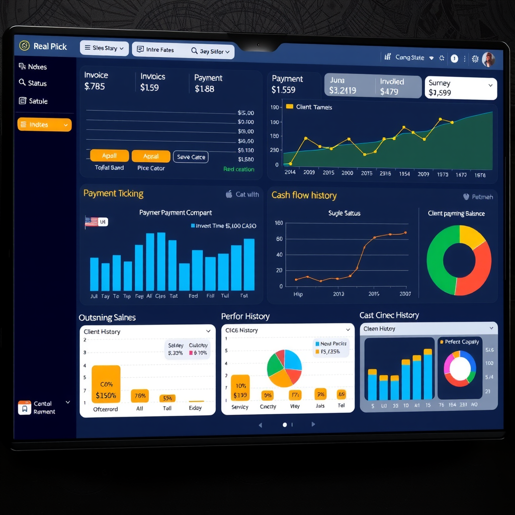Comprehensive payment tracking dashboard displaying real-time invoice status indicators, payment timeline graphs, cash flow projections, client payment history charts, and outstanding balance summaries with interactive data visualization elements