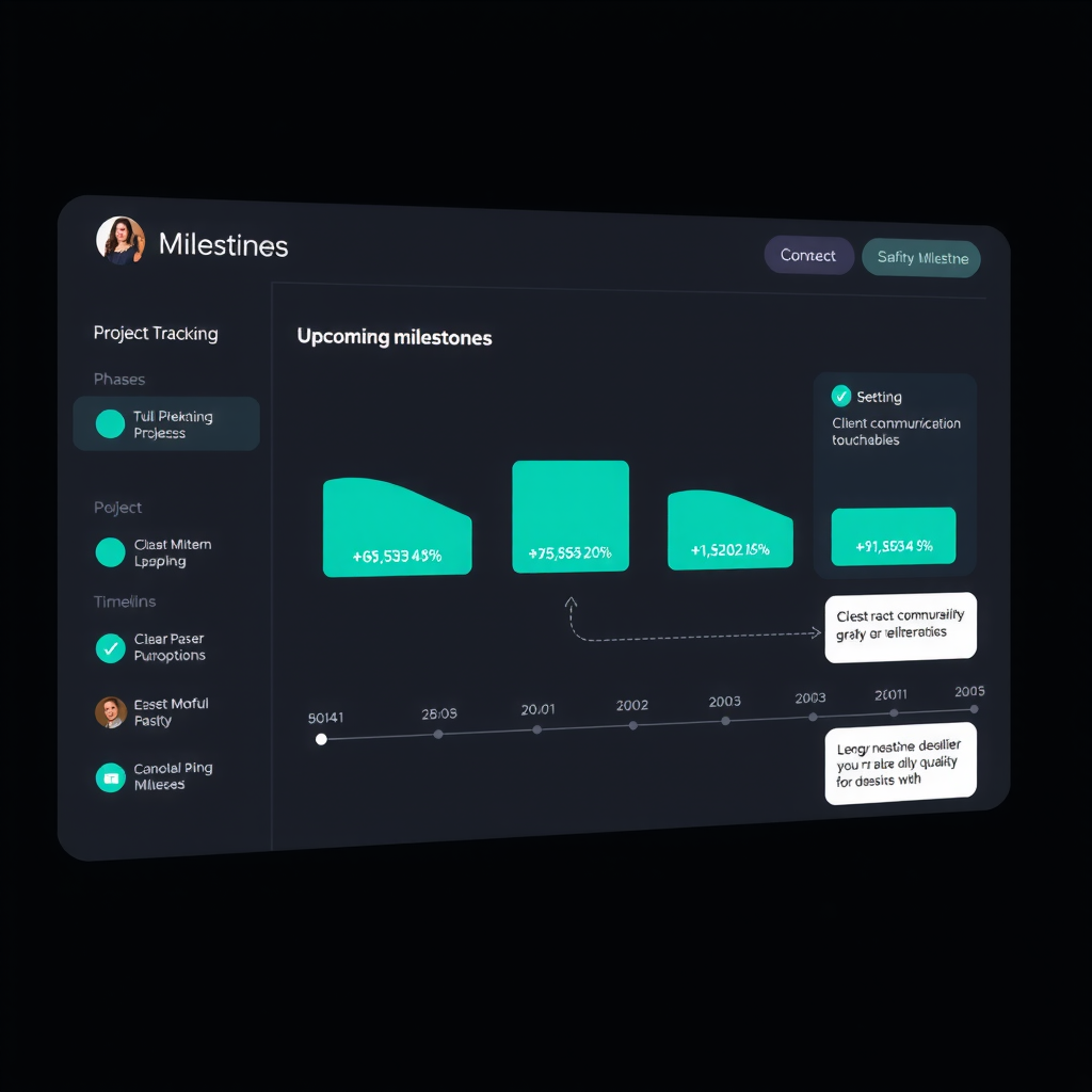 Interactive milestone tracking interface showing a project broken down into phases with completion percentages, visual progress bars in teal, upcoming milestone deadlines highlighted, client communication touchpoints marked, and a timeline view showing past completed milestones and future planned deliverables on a dark background