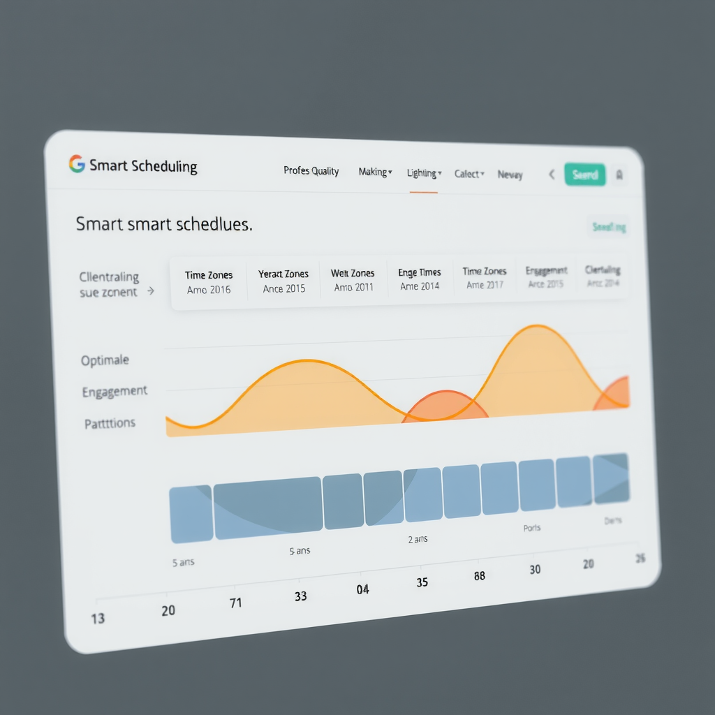 Smart scheduling interface displaying client time zones, optimal send times, and engagement patterns with visual timeline showing automated message delivery across different time zones