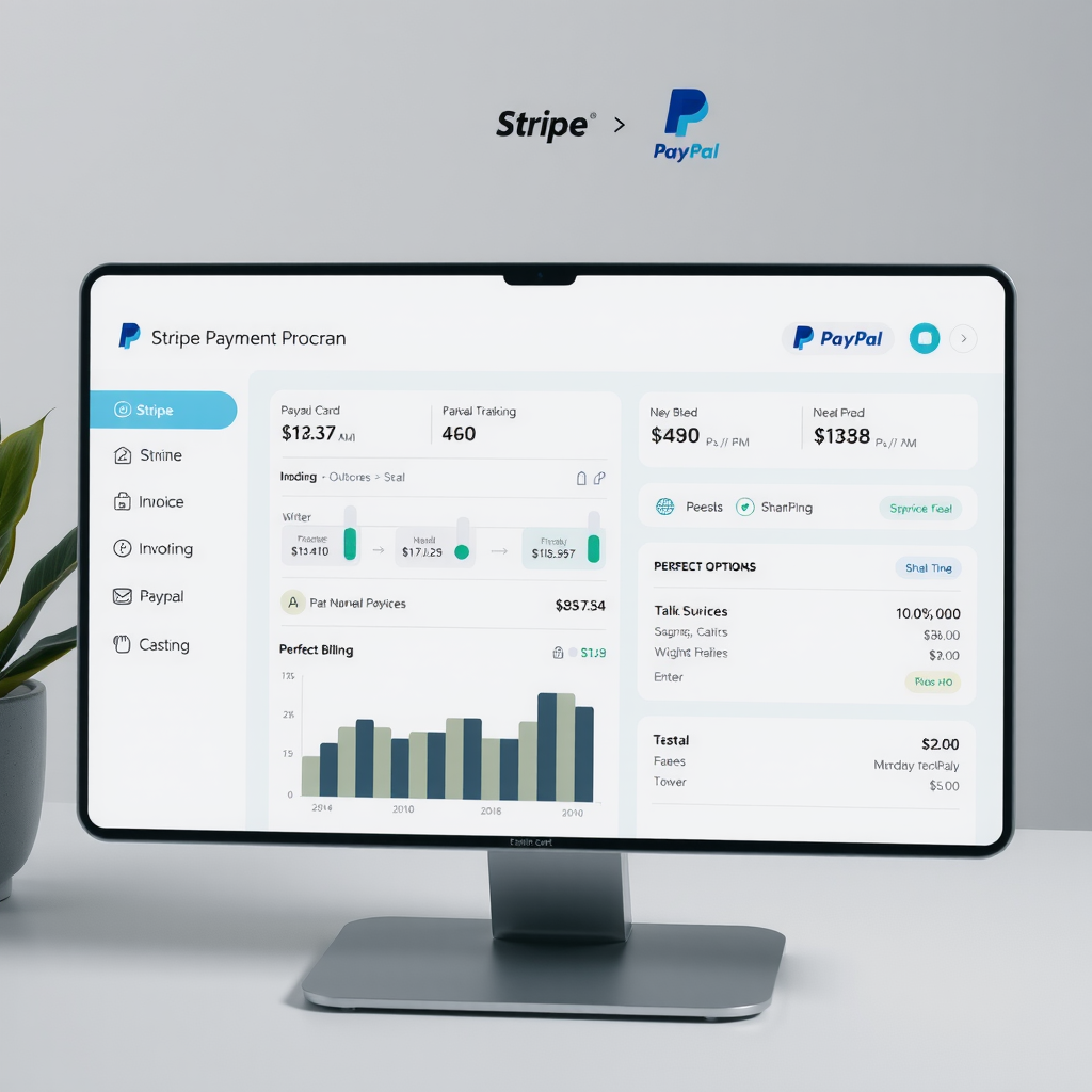 Sleek payment processing interface showing Stripe and PayPal integration with automated invoicing dashboard, payment tracking graphs, recurring billing options, and real-time notification system for freelancers managing client payments