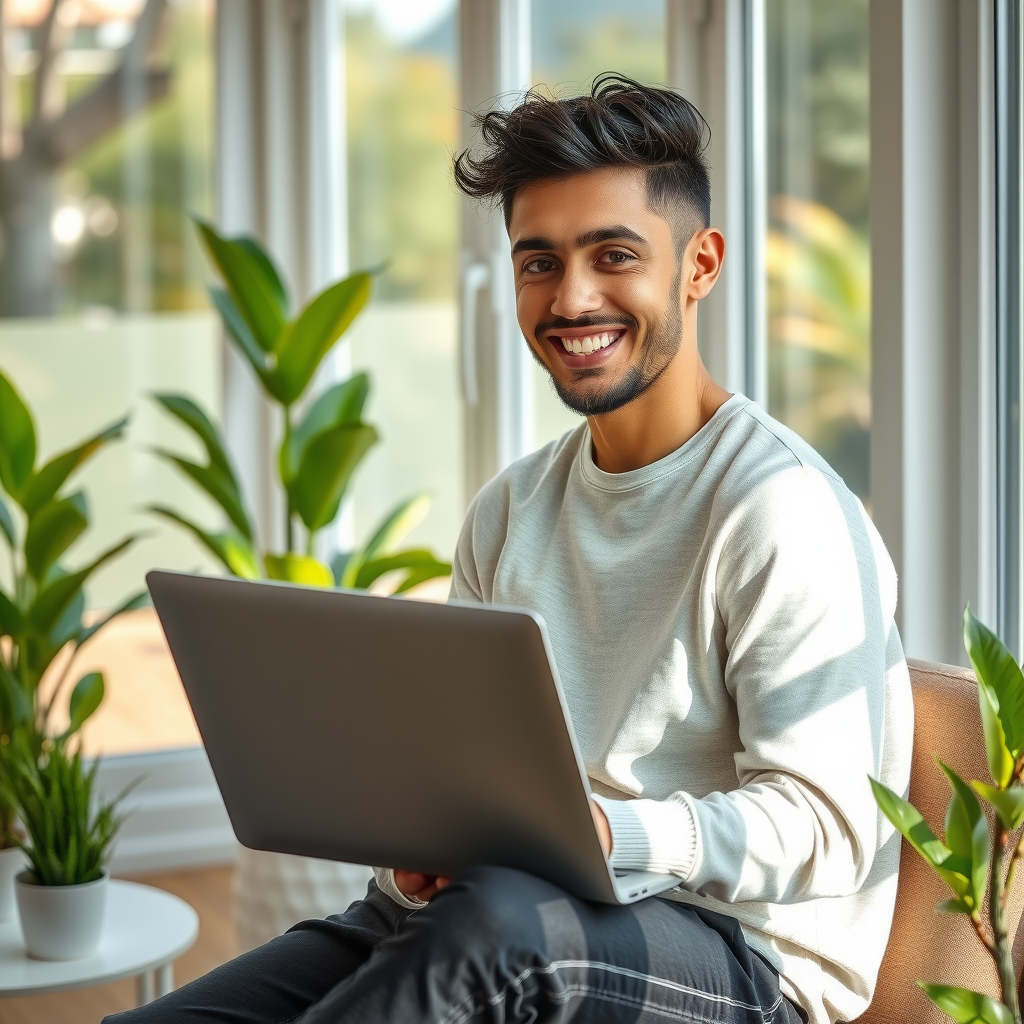 Happy freelancer in comfortable home office with plants, natural lighting through large windows, laptop showing completed tasks, relaxed posture indicating work-life balance, modern minimalist decor