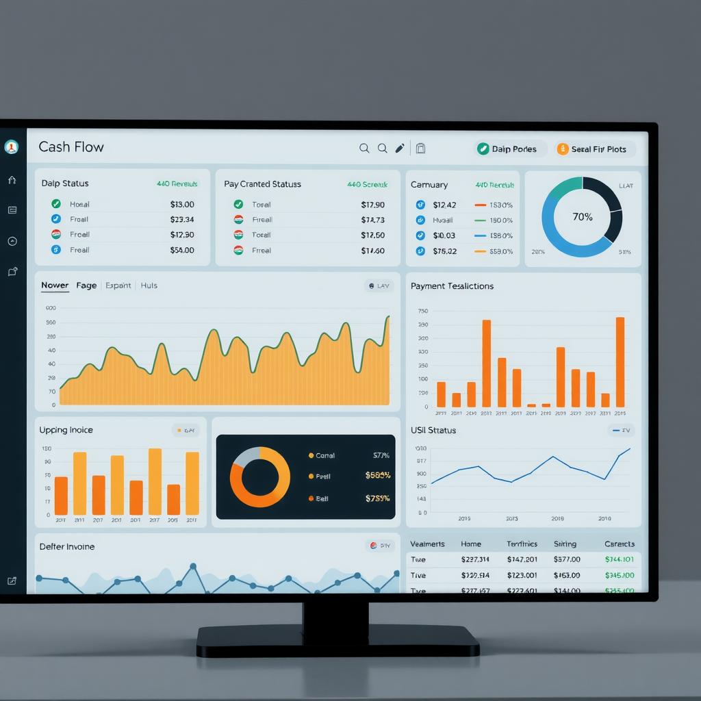 Comprehensive cash flow management dashboard in RemoteFlow Systems showing revenue graphs, payment status indicators, upcoming invoice schedules, and financial health metrics with clean data visualization
