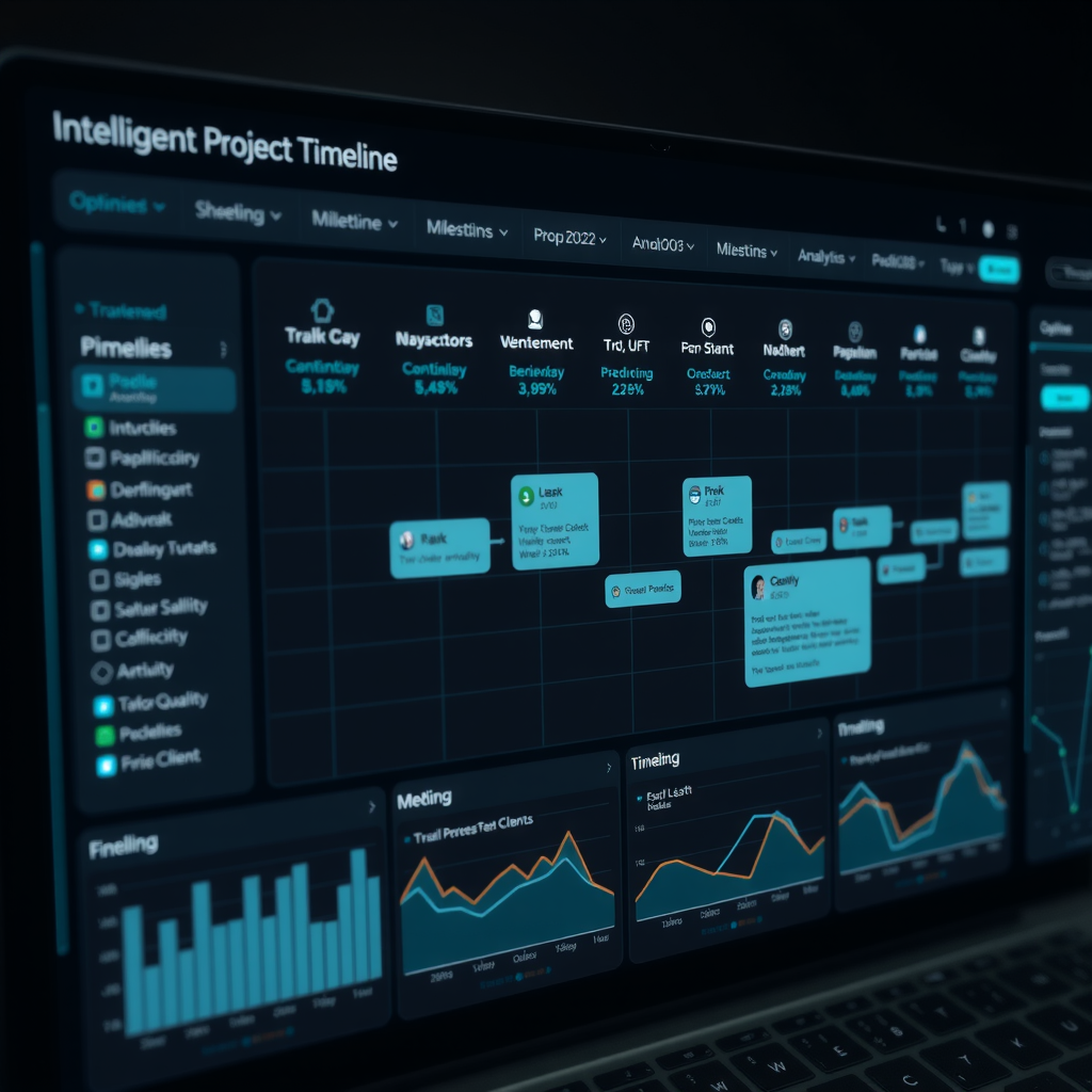Intelligent project timeline visualization showing optimized schedules, milestone tracking, capacity planning across multiple clients, predictive analytics graphs, and deadline notifications on a futuristic dark interface with teal accent colors and timeline charts