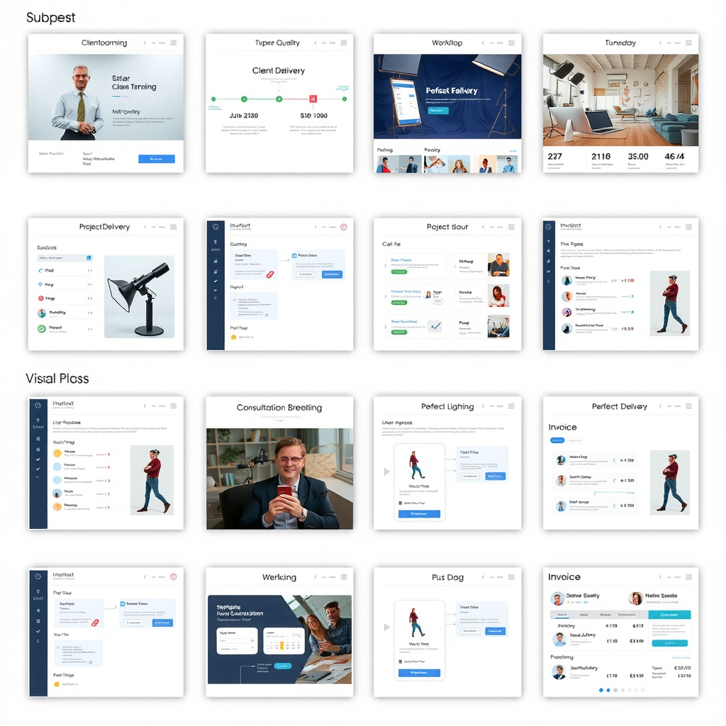 Grid view of various workflow templates including client onboarding, project delivery, consultation booking, and invoice processing templates with visual flow diagrams and customization options