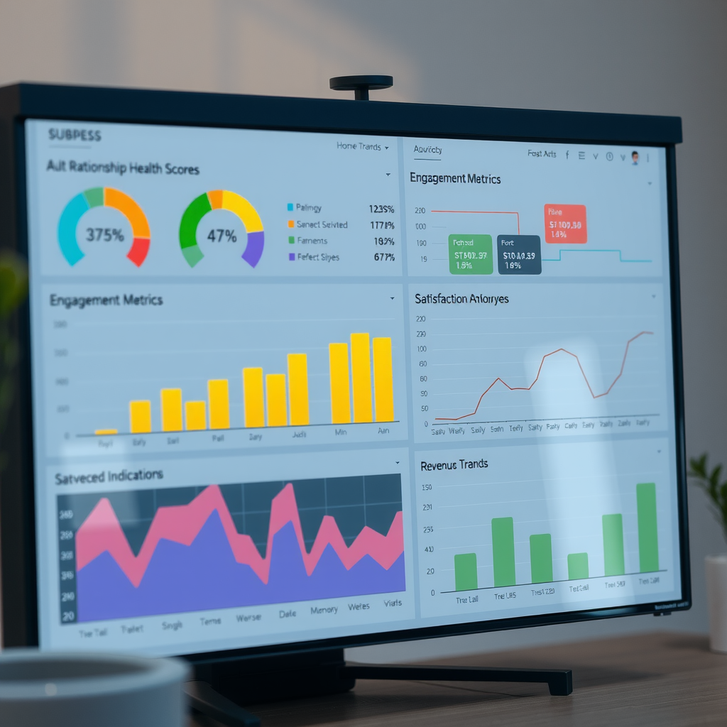 Advanced analytics dashboard showing relationship health scores, engagement metrics, revenue trends, and satisfaction indicators with color-coded status visualization