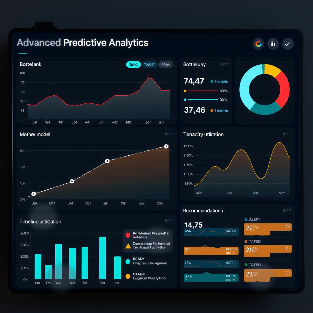Advanced predictive analytics dashboard showing risk assessment graphs, bottleneck identification with red warning indicators, timeline projection models, capacity utilization charts, and AI-generated recommendations for schedule optimization displayed on a sophisticated dark interface with teal and amber accent colors for different alert levels