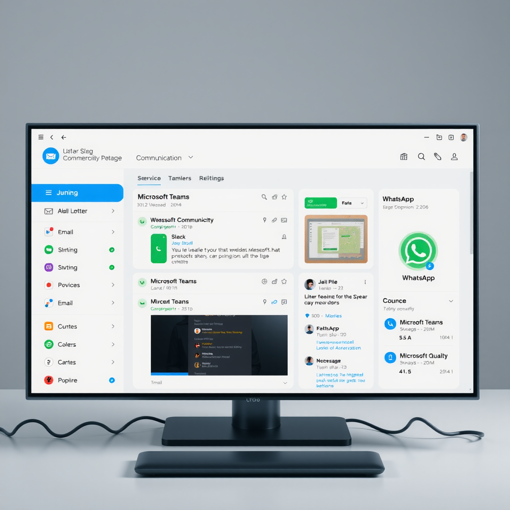 Unified communication dashboard showing integrated messaging across email, Slack, Microsoft Teams, and WhatsApp with consolidated inbox and automated routing system