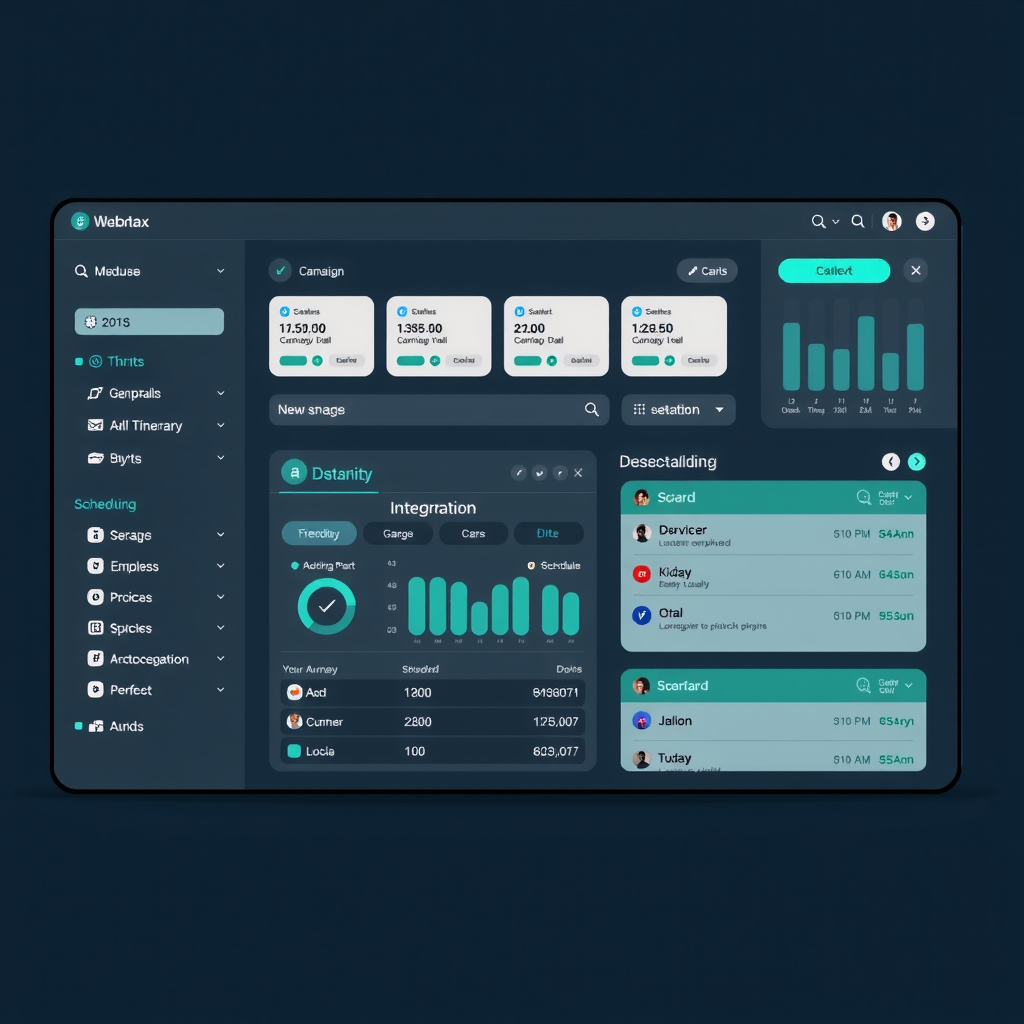 Automated communication dashboard displaying customizable email templates, scheduled campaign calendar, messaging platform integrations, smart scheduling based on time zones, and automated status update system on premium dark interface with teal accents