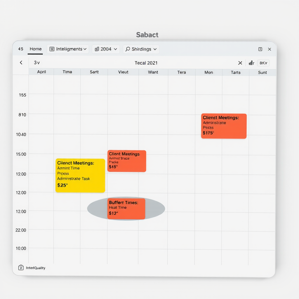Calendar view showing intelligently scheduled tasks with color-coded blocks for deep work, client meetings, administrative tasks, and buffer time, with productivity heat map overlay
