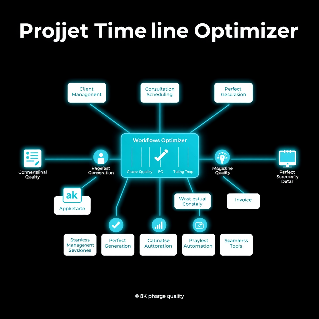 Comprehensive workflow integration diagram showing the Project Timeline Optimizer connected to various systems including client management, consultation scheduling, invoice generation, and communication tools, with data flowing between systems represented by glowing teal connection lines on a dark background, illustrating seamless automation and synchronization